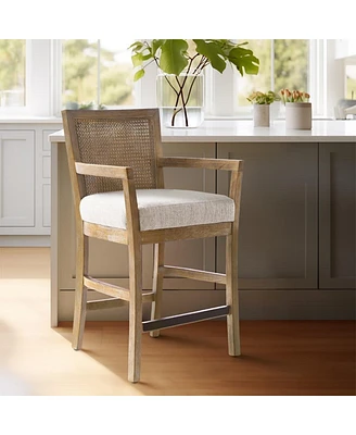 Counter Height Bar Stool with Solid Wood Frame Upholstered Seat Cane Back and Open Arm Design for Kitchen Island or Dining Room Seating-The Pop Home