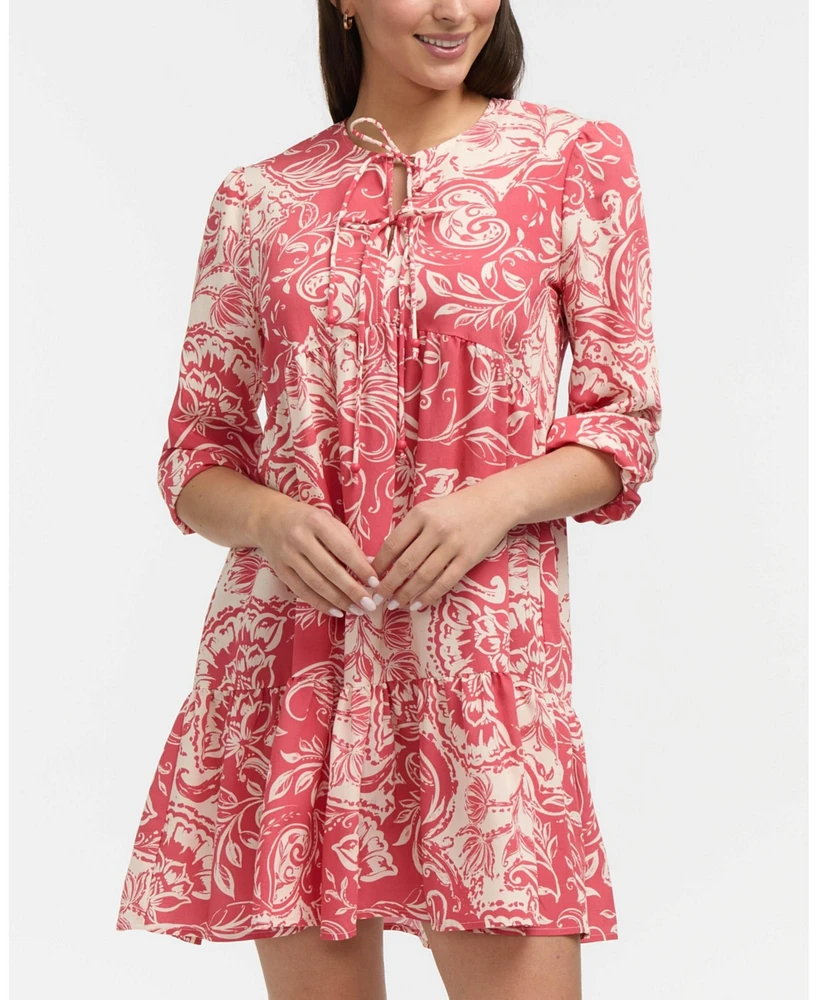 Ellen Tracy Women's Tiered Dress with Double Tie Neckline