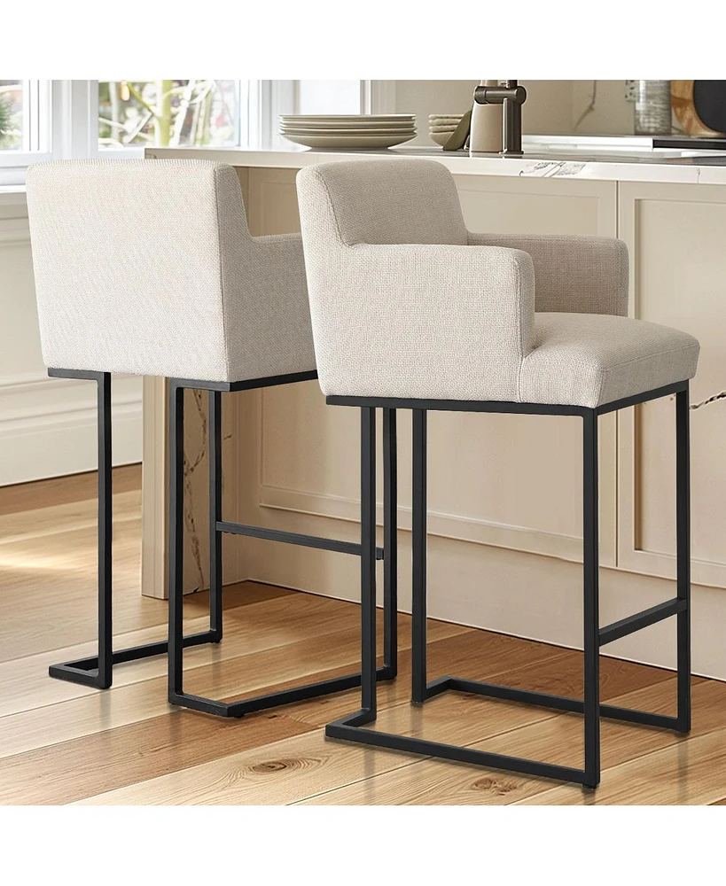 Set of 2 Bar Stools with Armrests, 28.5" Upholstered Linen Chairs Metal Legs for Kitchen Bar-Maison Boucle