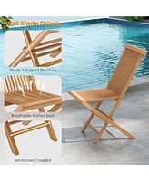 3PCS Patio Bistro Set Round Table Teak Wood Folding Chair Slatted Tabletop Seat