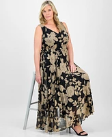 Taylor Plus Printed Tie-Waist Pleated Maxi Dress