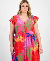 Sandra Darren Plus Printed Flutter-Sleeve Midi Dress