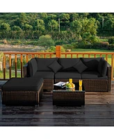 Gymax 5PCS Rattan Patio Conversation Set Outdoor Furniture Set w/ Ottoman Black Cushion