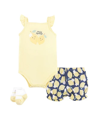 Hudson Baby Girls Bodysuit, Short and Sock, Main Squeeze Lemon