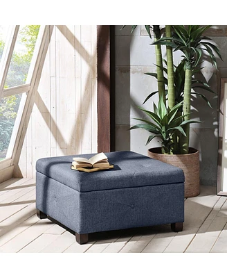 Square Upholstered Storage Ottoman with Button Tufted Top Soft Close Lid and Solid Wood Legs for Living Room Bedroom or Entryway Seating-The Pop Home