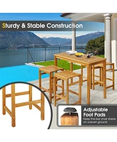 7 Pcs Acacia Wood Bar Table Set 45" Rectangular Dining Table & 6 Saddle Stools