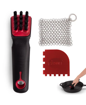Cuisinel Cast Iron Scrubber Cleaning Brush + Stainless Steel Chainmail + Pan Scraper - Skillet, Grill Cleaner Kit