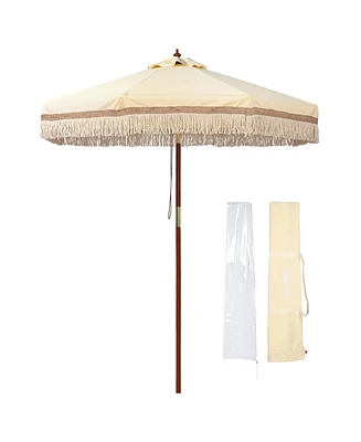 LAGarden Boho 7' Fringe Patio Umbrella with Tassels UPF50+ Boho Style 5-Year-Non-Fading for Outdoor Yard Butter Twisted Root