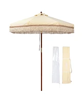 LAGarden Boho 7' Fringe Patio Umbrella with Tassels UPF50+ Boho Style 5-Year-Non-Fading for Outdoor Yard Butter Twisted Root