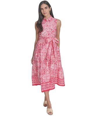 Jessica Howard Petite Printed Tie-Waist Sleeveless Midi Dress