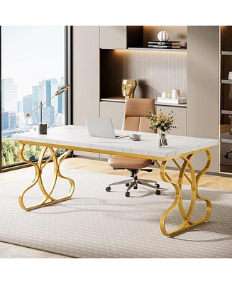 Tribesigns 63-Inch Computer Desk, Modern Executive Desk with Gold Metal Legs, Large Sturdy Writing Table for Home Office, White and Gold