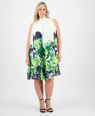 Robbie Bee Plus Placement-Print Mock-Neck Dress