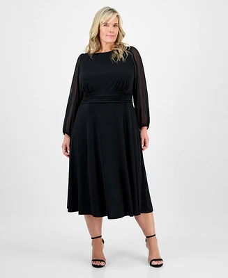 Connected Plus Shirred-Waist Sheer-Sleeve Midi Dress