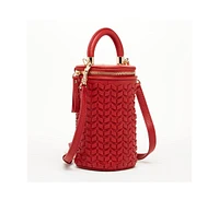 Susu Red Leather Purse Mini Crossbody Bag Weave Small Bucket Bag Women's Handbag