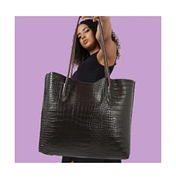Women's Black Textured Leather Tote Bag Set