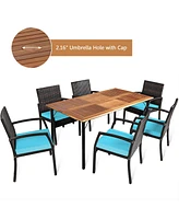 Gymax 7PCS Patio Dining Furniture Set Yard w/ Wooden Tabletop Turquoise Cushions