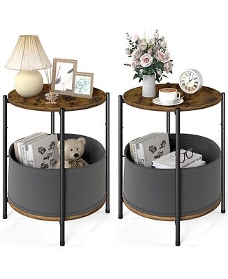 2-Piece Round Side Table Nightstnad with Fabric Basket and Wood Top for Living Room, Bedroom