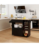 Drop Leaf Mobile Kitchen Island Cart with Power Outlet and Adjustable Shelf
