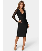 Bebe Women's V-Neck Bandage Dress with Illusion Sleeve