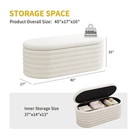 Upholstered Oval Storage Ottoman Bench with Safety Hinge Multi Use End of Bed Stool Footrest Coffee Table Shoe Seat for Bedroom Living Room Entryway-T