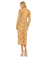 Mac Duggal Women's Long Sleeve Low Back Floral V Neck Ruffle Dress