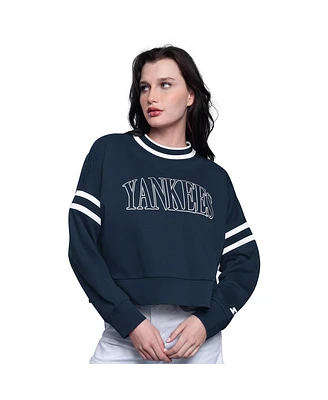 Starter Women's Navy New York Yankees Power Play Cropped Pullover Sweatshirt