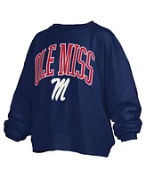 Pressbox Women's Navy Ole Miss Rebels Janise Arch Over Logo Waist Length Oversized Pullover Sweatshirt