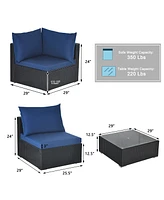 Gymax 7PCS Rattan Patio Conversation Set Sectional Furniture Set w/ Navy Cushion