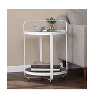 27" White Glass And Iron Round End Table With Shelf