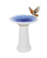 Misty Blossom Ceramic Bird Bath for Outdoors - 23" H - Uv-/ Frost-Resistant - Antique Bird Bath for Garden with White Pedestal/Blue Bowl