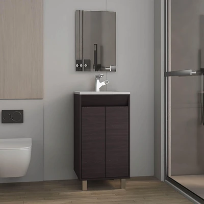 Ingold Bathroom Set, Cabinet with Sink + Mirror, 2 Doors, 4 Legs, Shelves, 1 White