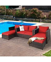 Gymax 5PCS Outdoor Patio Rattan Conversation Sofa Furniture Set w/ Red Cushions