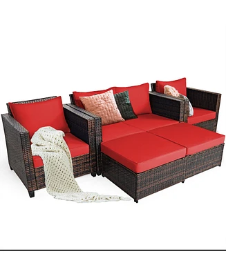 Gymax 5PCS Outdoor Patio Rattan Conversation Sofa Furniture Set w/ Red Cushions