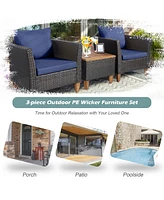 Gymax 3PCS Patio Furniture Set Conversation Bistro Set w/ Acacia Wood & Cushions Navy
