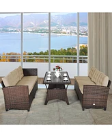 Gymax 3PCS Rattan Dining Sofa Set w/6 Cushioned Seats Patio Furniture