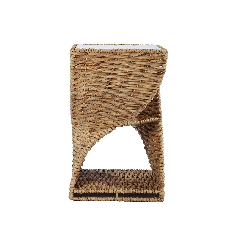 Square End Table with Rattan Swirl Design and Glass Top for Indoor Spaces