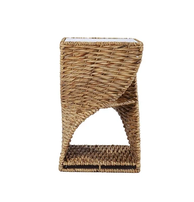 Square End Table with Rattan Swirl Design and Glass Top for Indoor Spaces