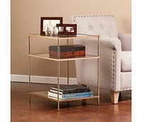 27" Gold And Clear Glass And Iron End Table With Mirrored Shelf