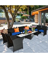 Gymax 8PCS Rattan Outdoor Conversation Set Patio Furniture Set w/ Navy Cushions