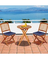 Gymax 3PC Folding Patio Conversation Set Acacia Wood Bistro Set w/ Cushions