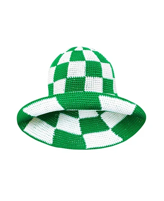 Shilo Checkered Crochet Hat In Green & White