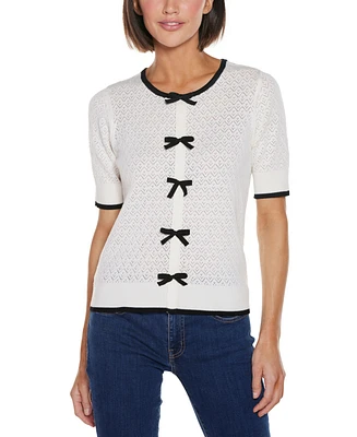 Belldini Women's Bow Detail Pointelle Short Sleeve Sweater