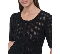 Dkny Jeans Women's Crewneck Short-Sleeve Cardigan Cable Pointelle Sweater - BLK