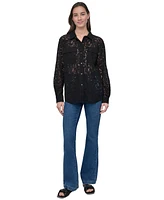 Dkny Jeans Women's Long Sleeve Button Front Lace Shirt