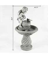LuxenHome Gray Resin Cherub Birdbath Outdoor Patio Fountain