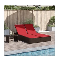 Double Sun Lounger with Cushions Brown Poly Rattan
