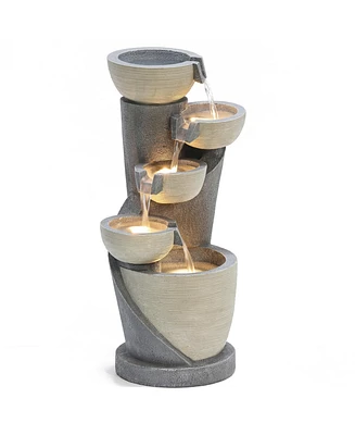 LuxenHome Gray Cascading Bowls and Column Resin Outdoor Fountain with Led Lights