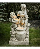 LuxenHome Gray Resin Cherub Angels Outdoor Fountain with Led Light