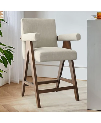 Upholstered Counter Height Bar Stool with Arms, 25.5" Solid Wood Chair for Kitchen Island or Home Bar-Maison Boucle