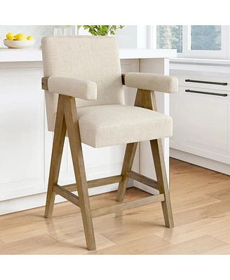 Upholstered Counter Height Bar Stool with Arms, 25.5" Solid Wood Chair for Kitchen Island or Home Bar-Maison Boucle